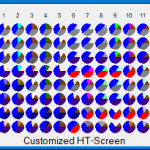 Diagram of a customized HT screen with an 8x12 grid, each cell containing a pie chart with various color segments, labeled A-H vertically and 1-12 horizontally.