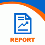 A blue report icon with a line graph sits above the word "REPORT" in orange, evoking a sense of clarity and precision akin to scientific processes. Orange and blue curved stripes at the top add a dynamic flow, reminiscent of data trends discussed at a pharmaceutical summit.