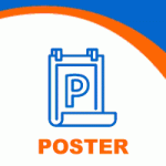 Icon of a blue poster with a large "P" above the word "Poster," set against a white background, featuring a blue and orange curved banner. The design subtly echoes the concept of enhancing flow, akin to dry particle coating methods that optimize powder flow density.