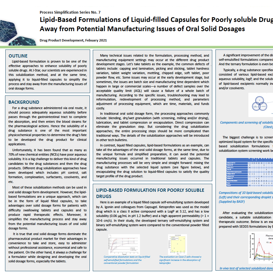 Page from a document titled "Lipid-Based Formulations" featuring text, charts, and diagrams about drug development and manufacturing, highlighting the benefits for poorly soluble drugs.