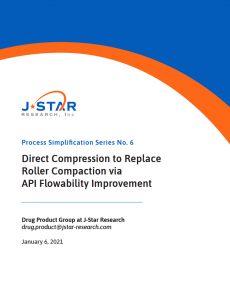 Cover page of a research document titled "Enhancing Direct Compression through API Flowability Improvement to Replace Roller Compaction" by J-Star Research, dated January 6, 2021.