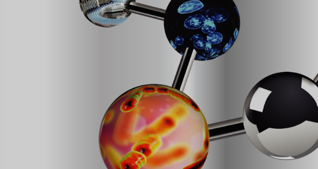 Graphic of a molecular structure with metallic connectors; one sphere shows a biological image and another reflects light, capturing the essence of pharmaceutical science as highlighted at PHARMSCI 360.