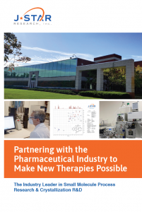 A modern building exterior, scientific graphs, and lab equipment fill the brochure, highlighting J-STAR Research's pharmaceutical research and development services with expertise in structure elucidation.