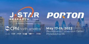 Event banner showcasing CPhI North America 2022, held May 17-19 at Pennsylvania Convention Center. It features the J-Star Research and Porton logos set against a vibrant city skyline backdrop.