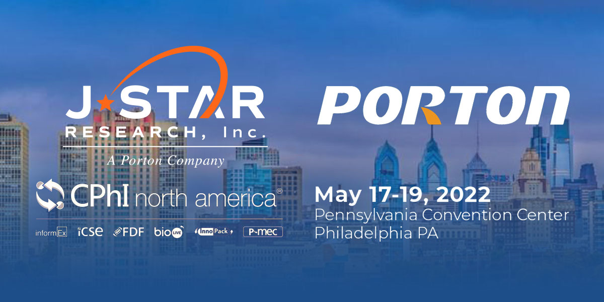 Event banner showcasing CPhI North America 2022, held May 17-19 at Pennsylvania Convention Center. It features the J-Star Research and Porton logos set against a vibrant city skyline backdrop.