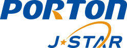 The image shows the logo of Porton, featuring blue text with an orange star and arc design.