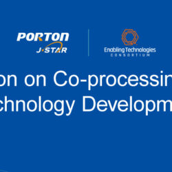 Blue background with text: "PORTON J-STAR Collaboration on Co-processing Platform Technology Development" and "Enabling Technologies Consortium" logo. Abstract wave design at bottom.